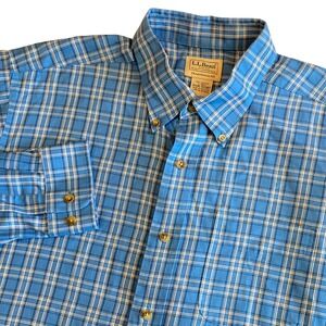 LL Bean Mens Large Blue Plaid Traditional Fit Cotton Button Down Shirt Preppy